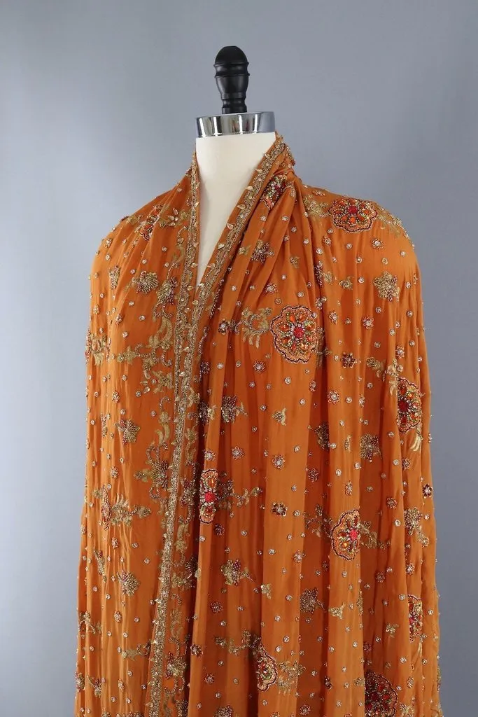 Vintage Orange Beaded Silk Shawl