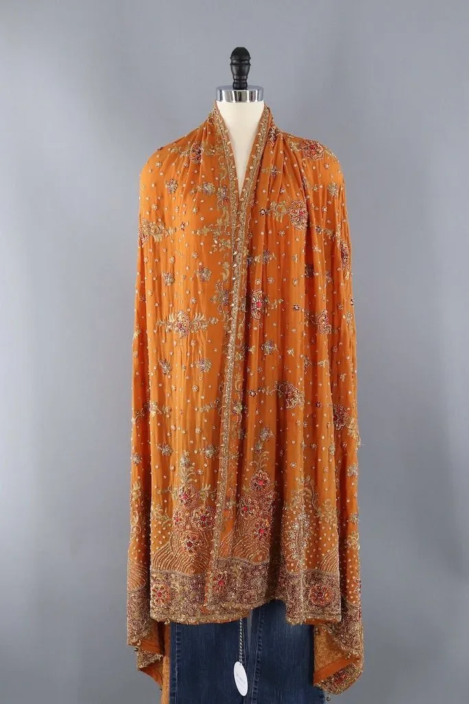 Vintage Orange Beaded Silk Shawl