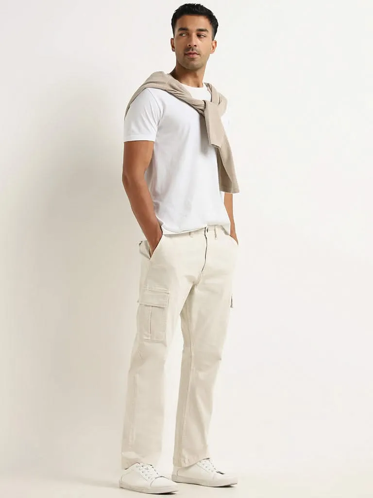 WES Casuals Off-White Cargo-Style Cotton Blend Relaxed Fit Trousers