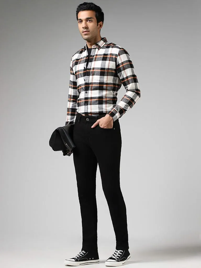 WES Casuals Off White Checked Cotton Slim-Fit Shirt