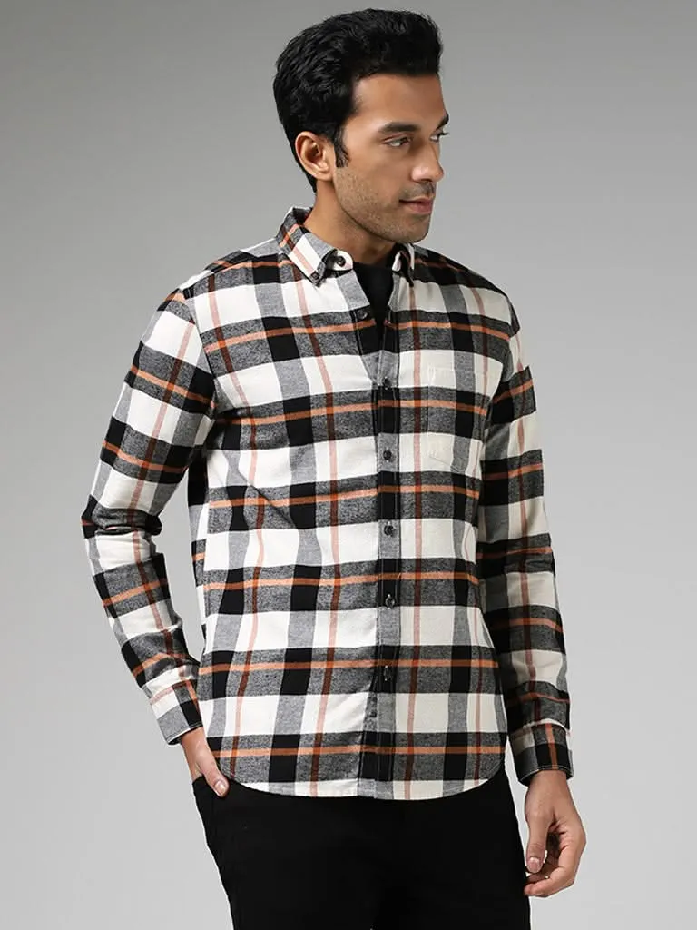 WES Casuals Off White Checked Cotton Slim-Fit Shirt