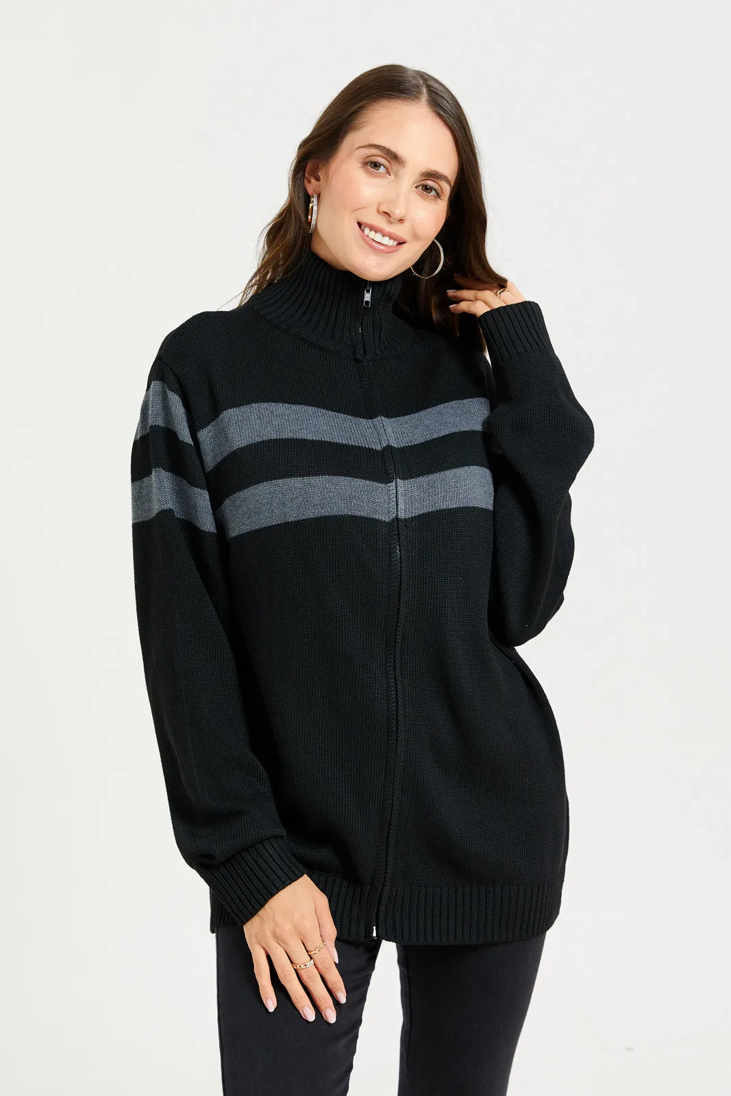 Women Black And Grey Zip-Through Cardigan