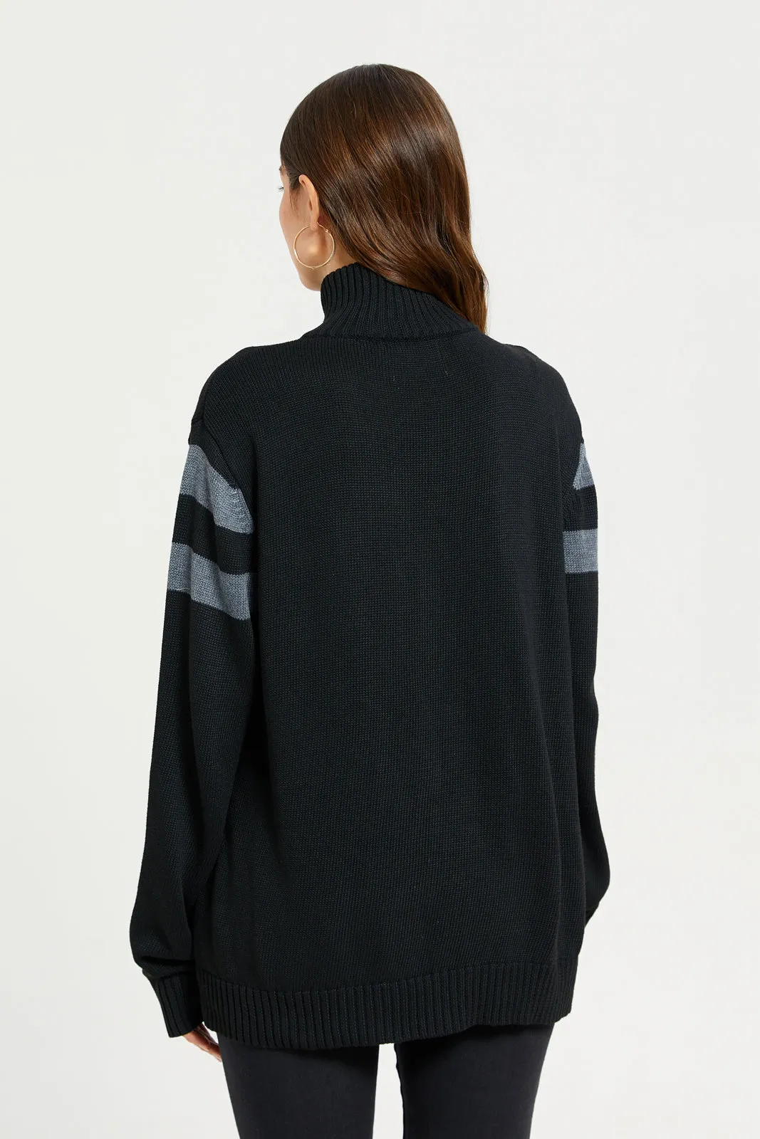 Women Black And Grey Zip-Through Cardigan