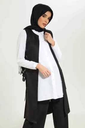 Women Black Long Length Side Metal Rings Cardigan