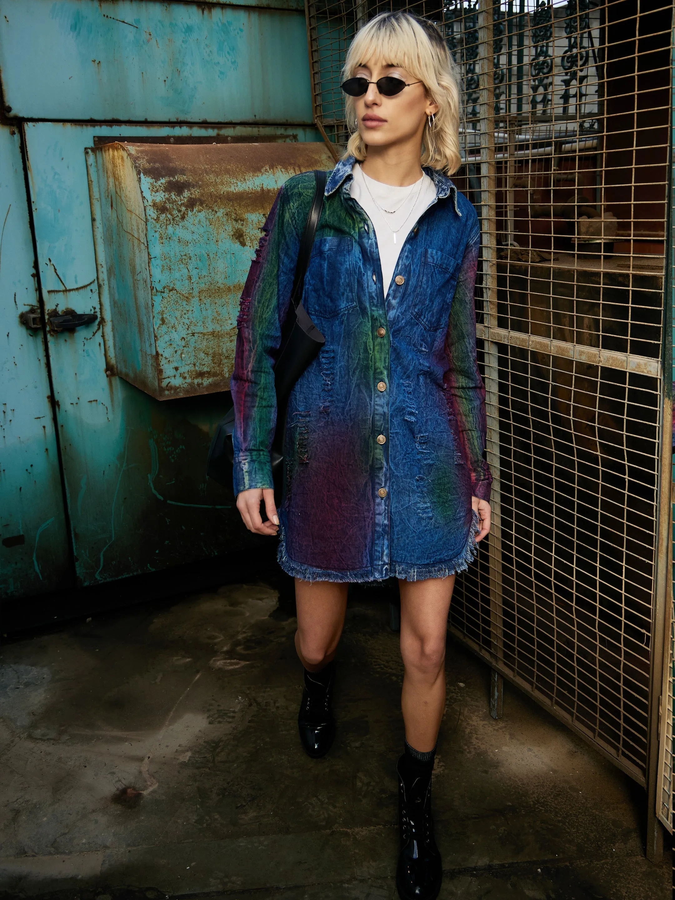 Women Blue Denim Rainbow Paint High Low Shirt Dress