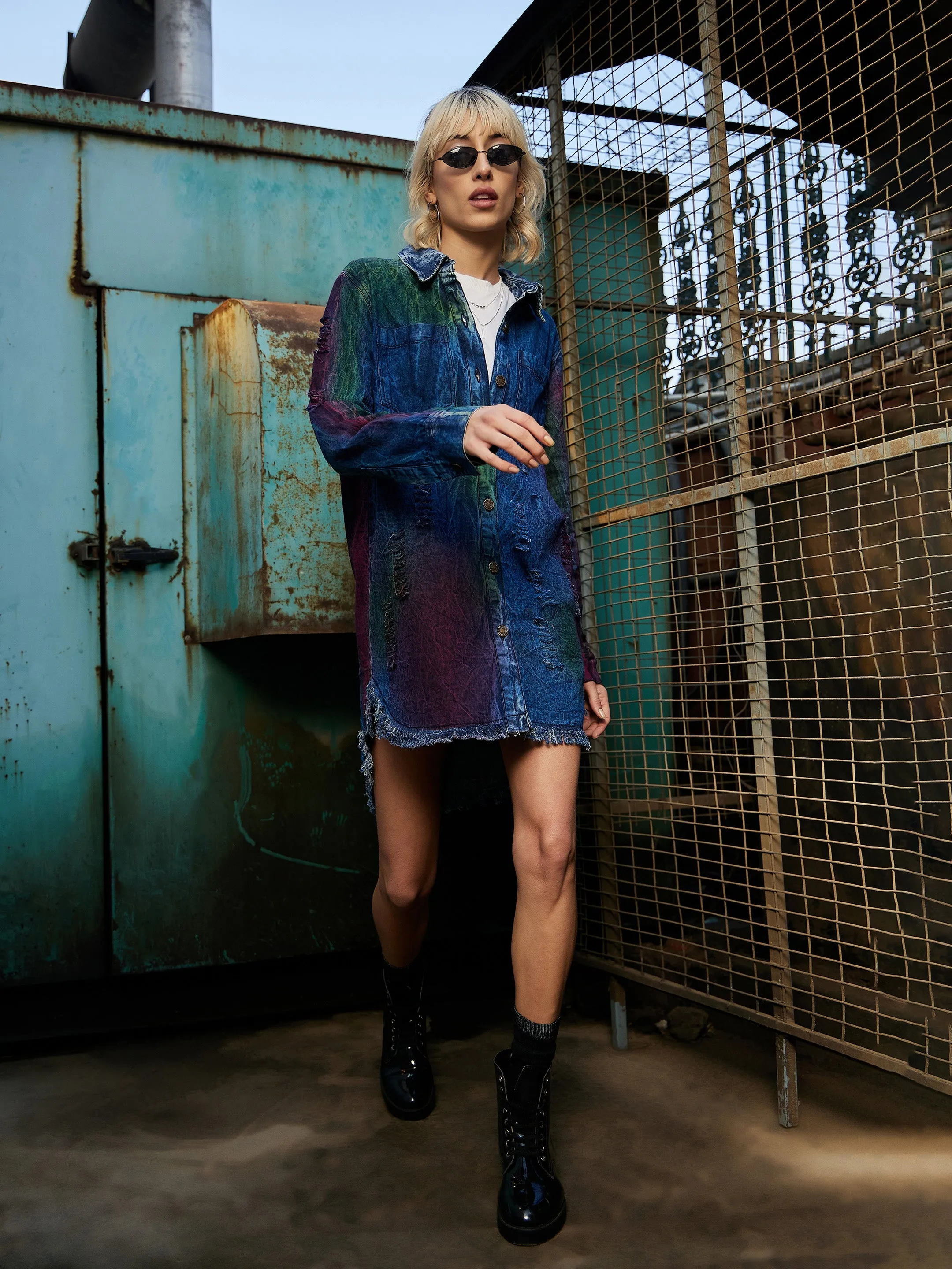 Women Blue Denim Rainbow Paint High Low Shirt Dress