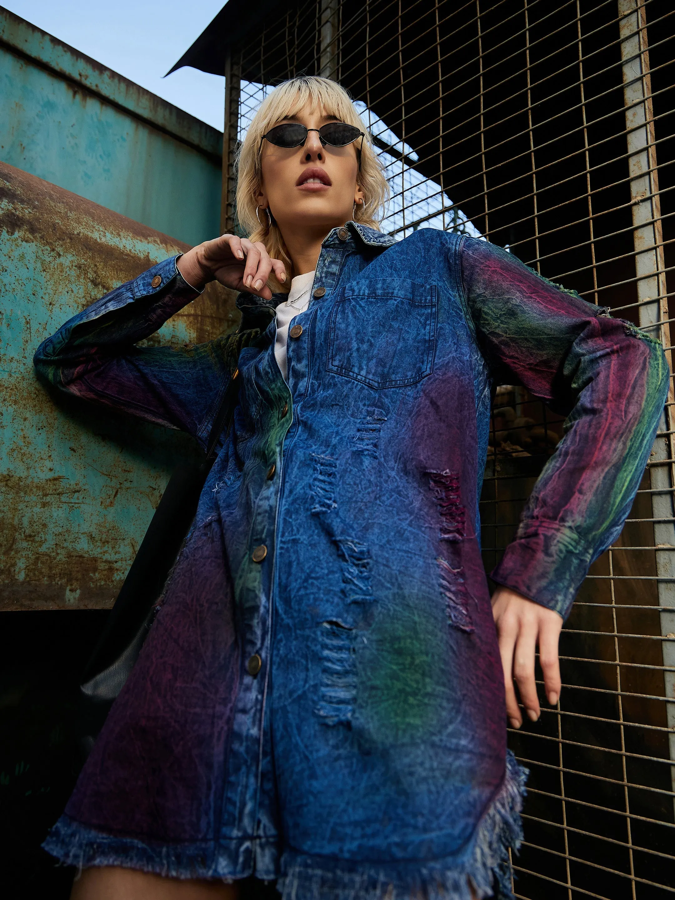 Women Blue Denim Rainbow Paint High Low Shirt Dress