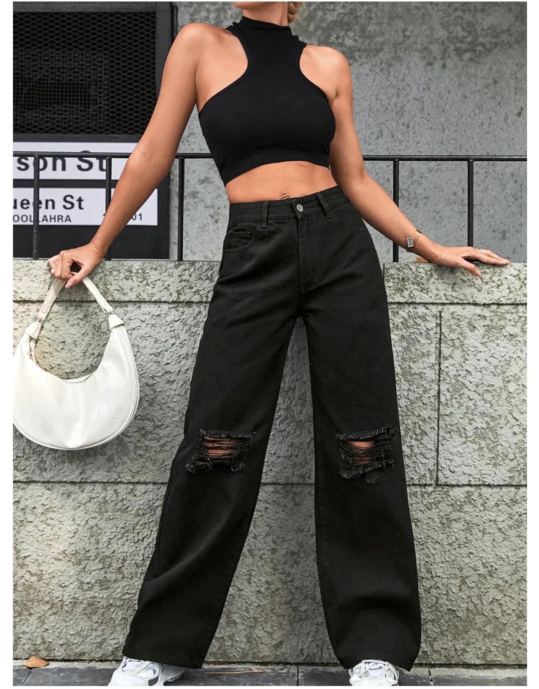 Women Clothing Holes High Waist Wide Leg Pants Casual Denim Trousers Tide