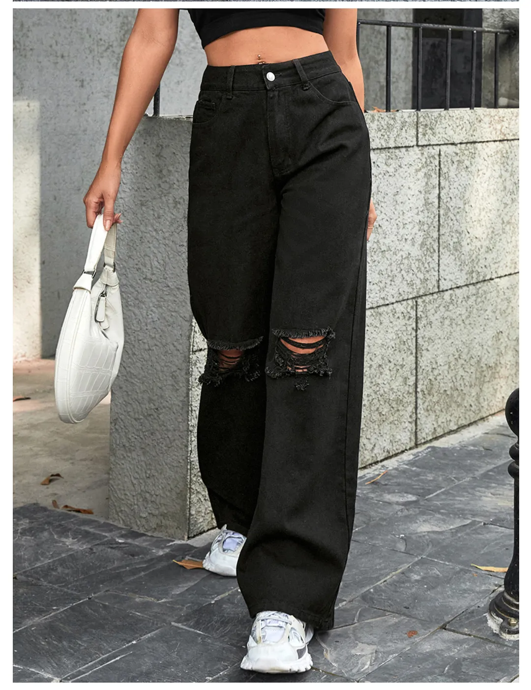 Women Clothing Holes High Waist Wide Leg Pants Casual Denim Trousers Tide