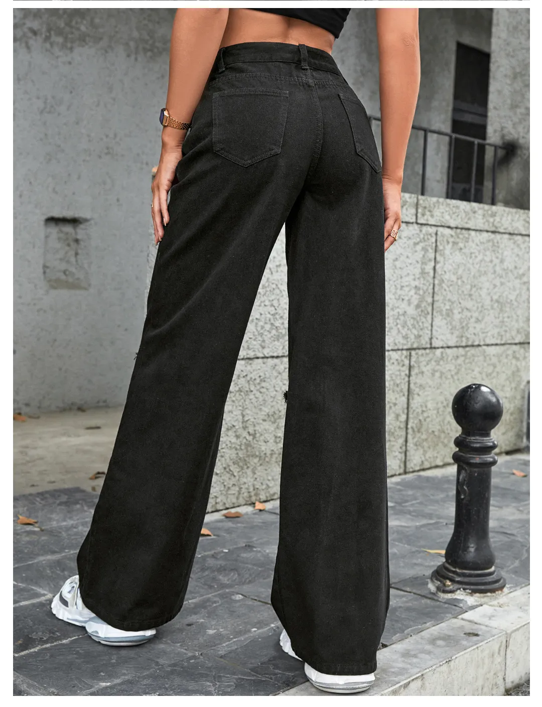 Women Clothing Holes High Waist Wide Leg Pants Casual Denim Trousers Tide