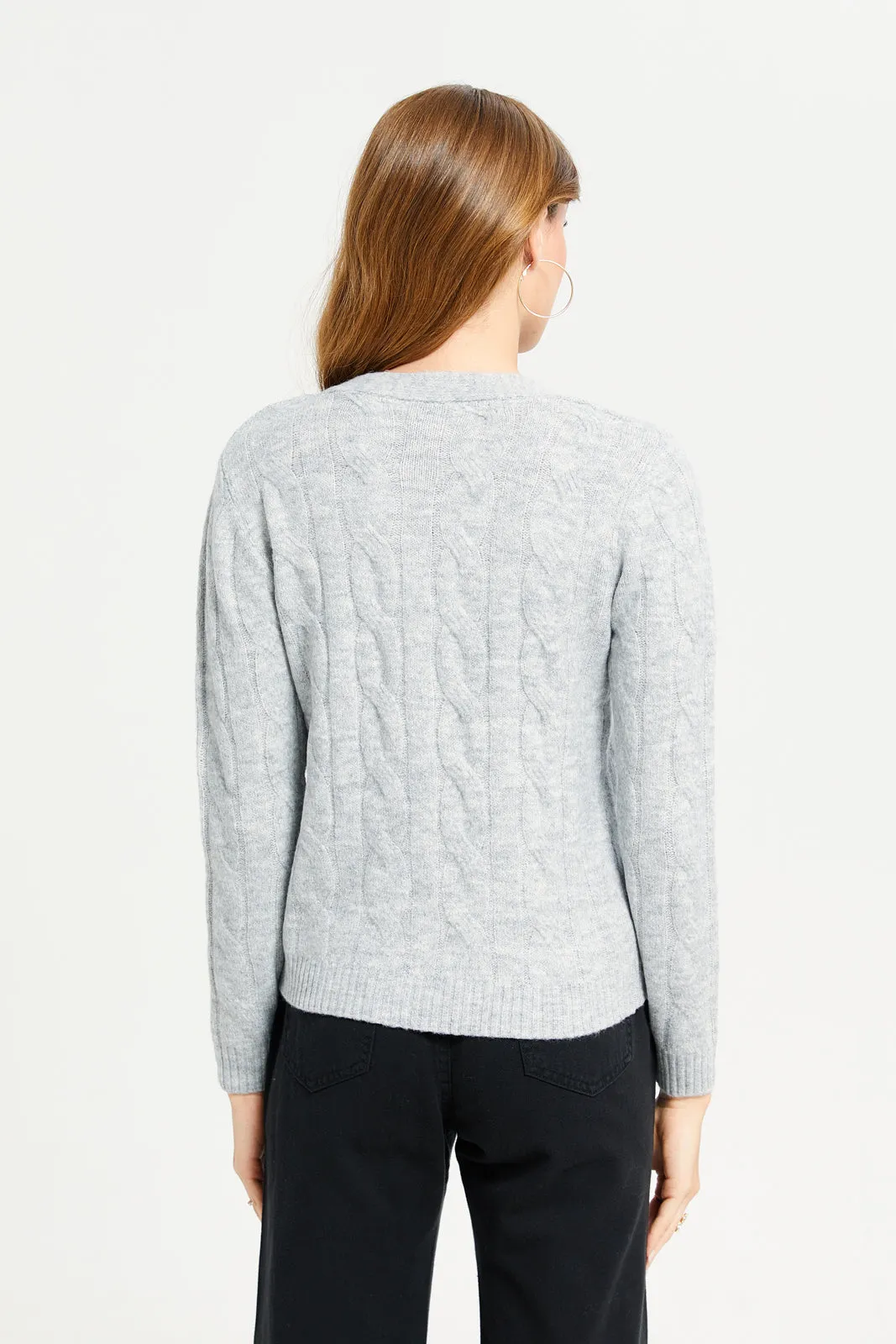 Women Grey V-Neck Textured Cardigan