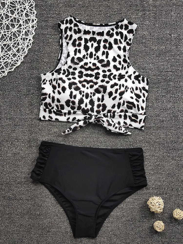 Women Leopard Print Tie Front High Neck Hot High Waist Bikini