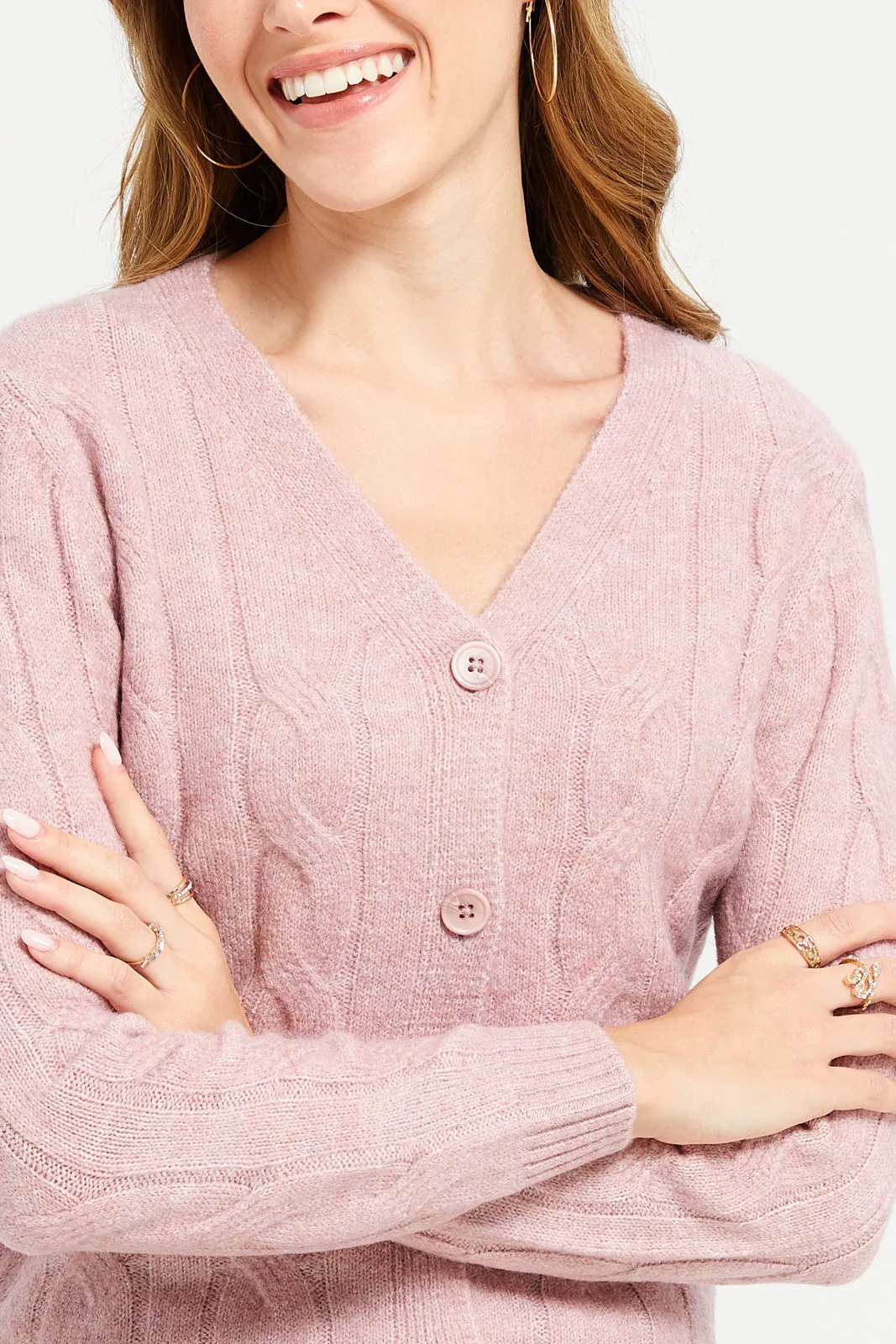 Women Pink V-Neck Cable Knit Cardigan