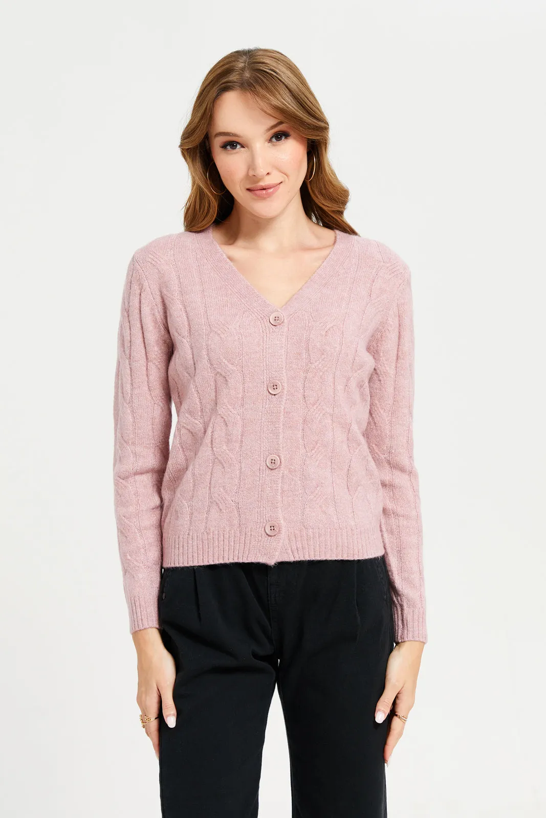 Women Pink V-Neck Cable Knit Cardigan