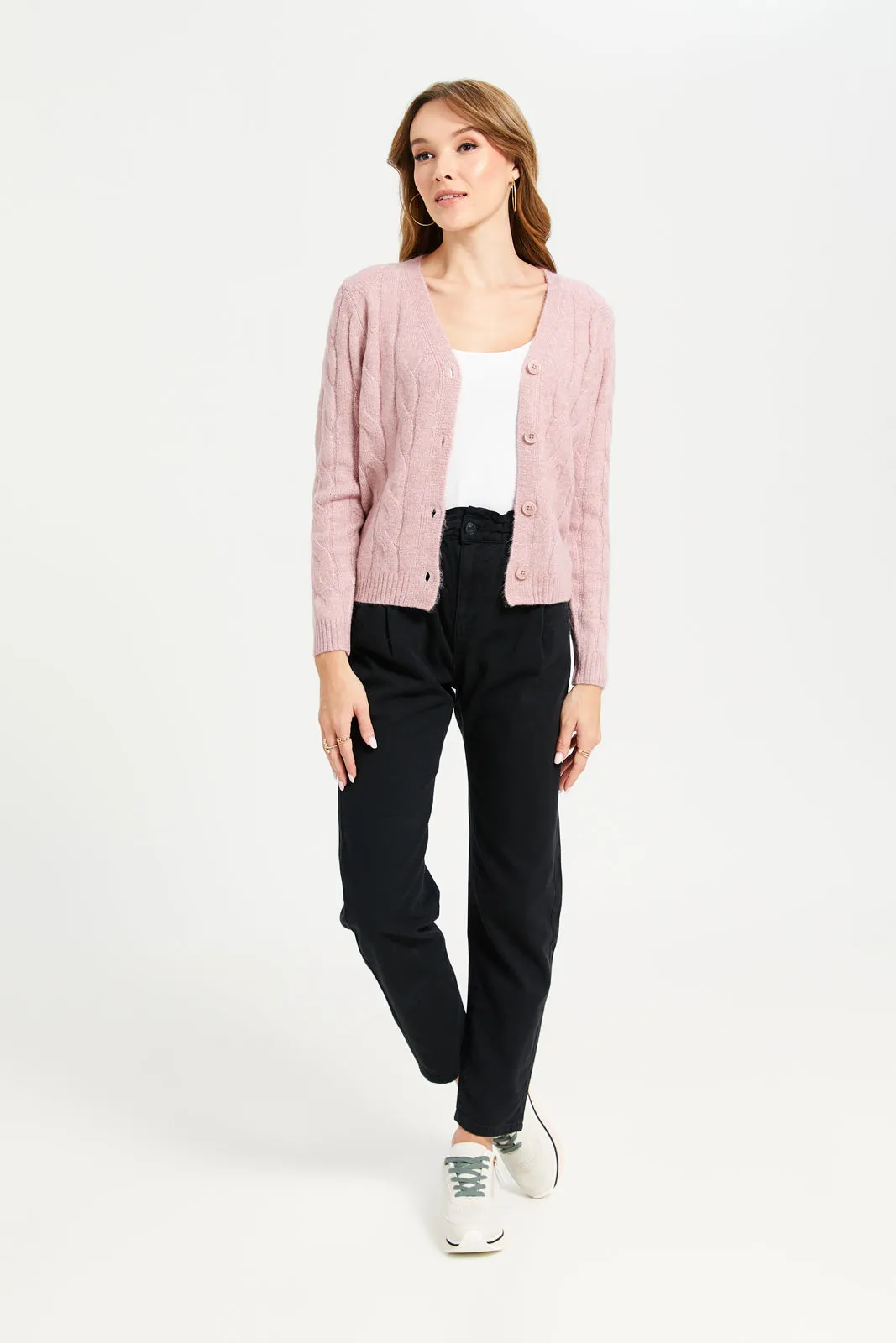 Women Pink V-Neck Cable Knit Cardigan