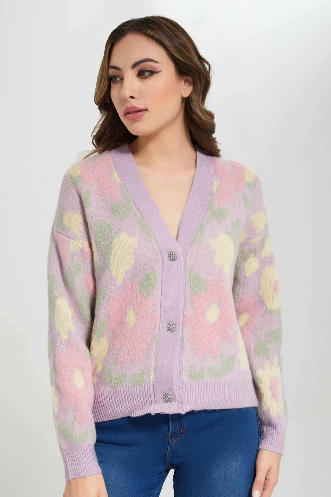 Women Purple Floral Knitted Cardigan