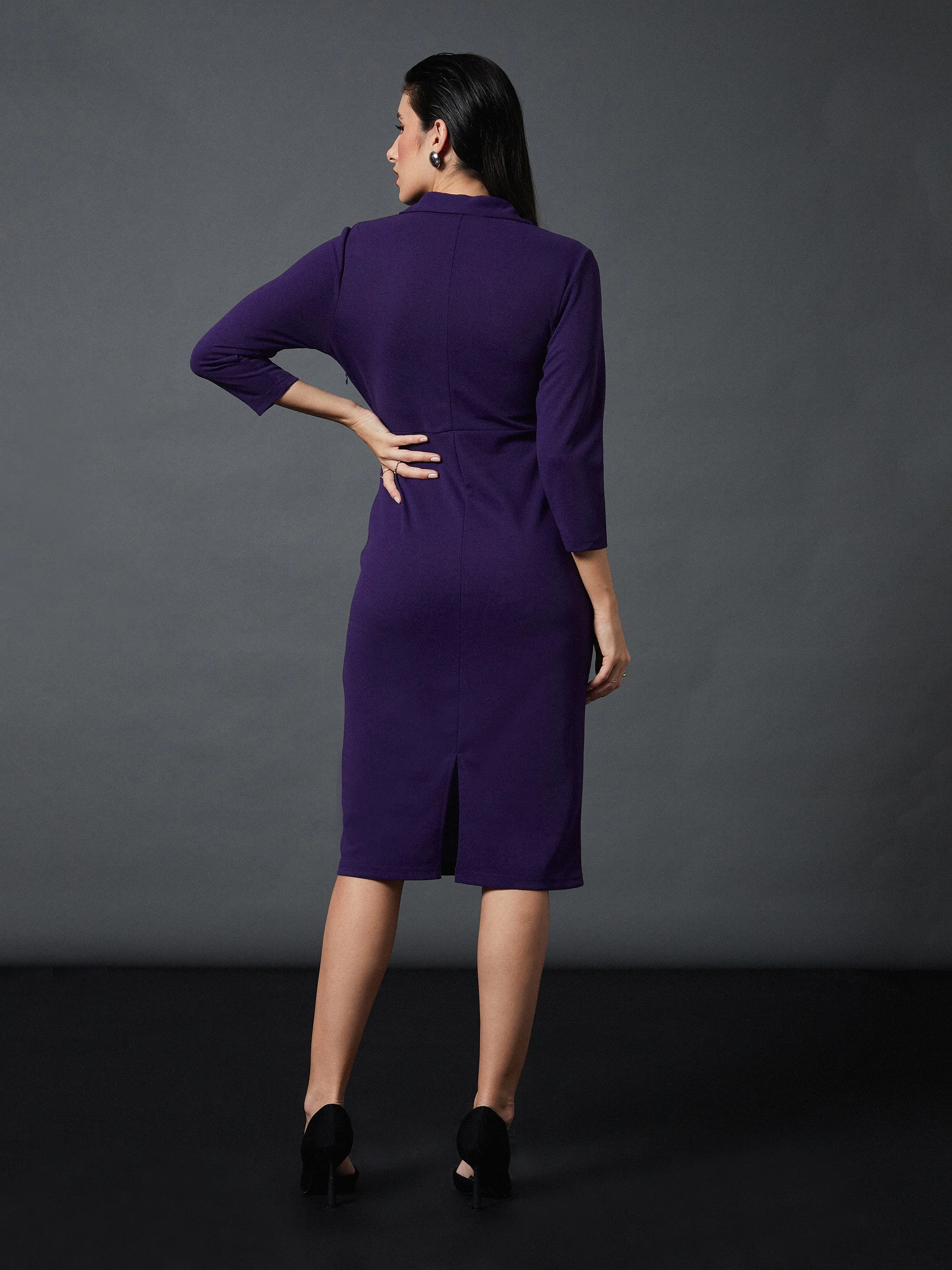 Women Purple Front Wrap Bodycon Midi Dress