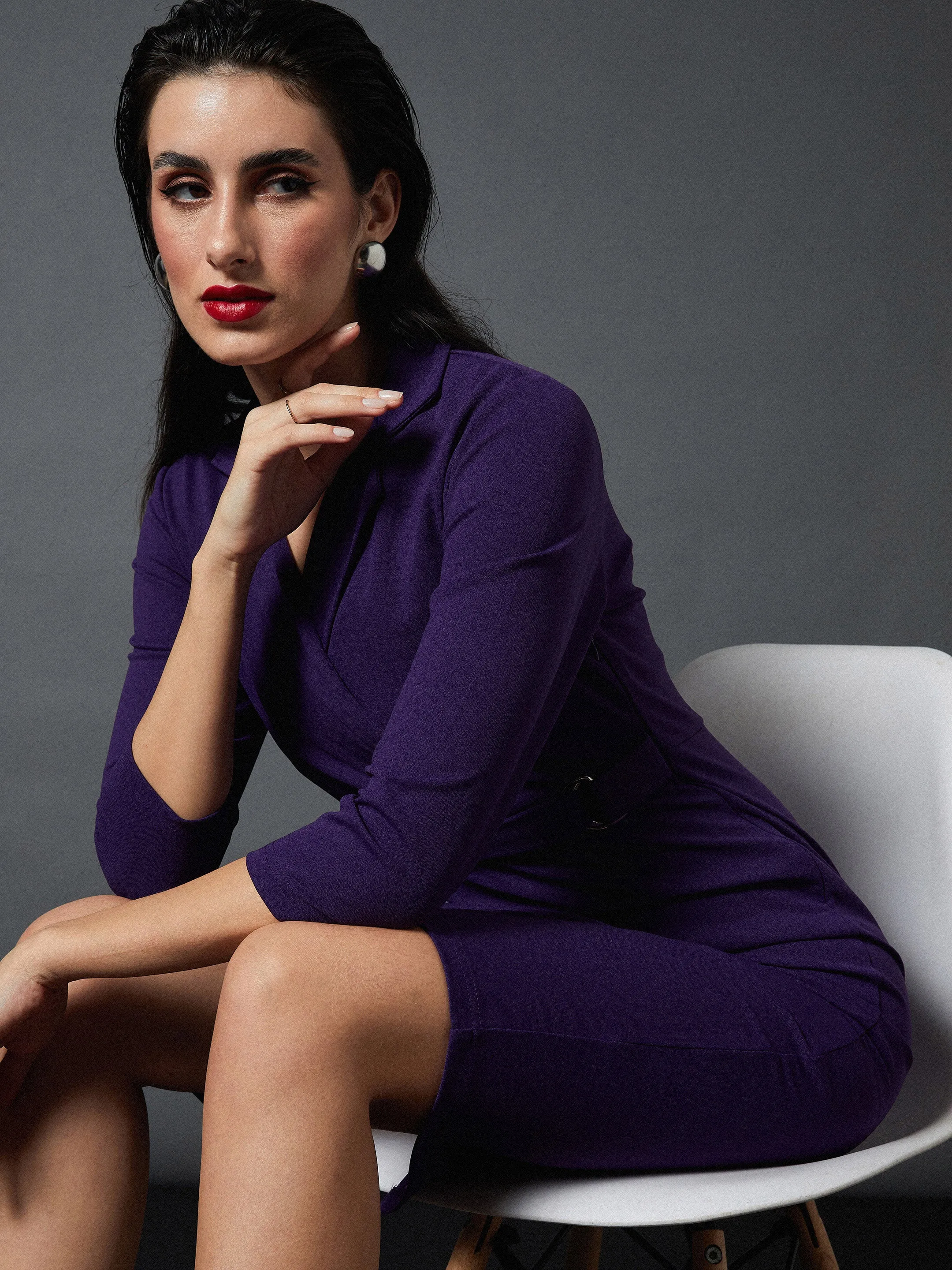 Women Purple Front Wrap Bodycon Midi Dress