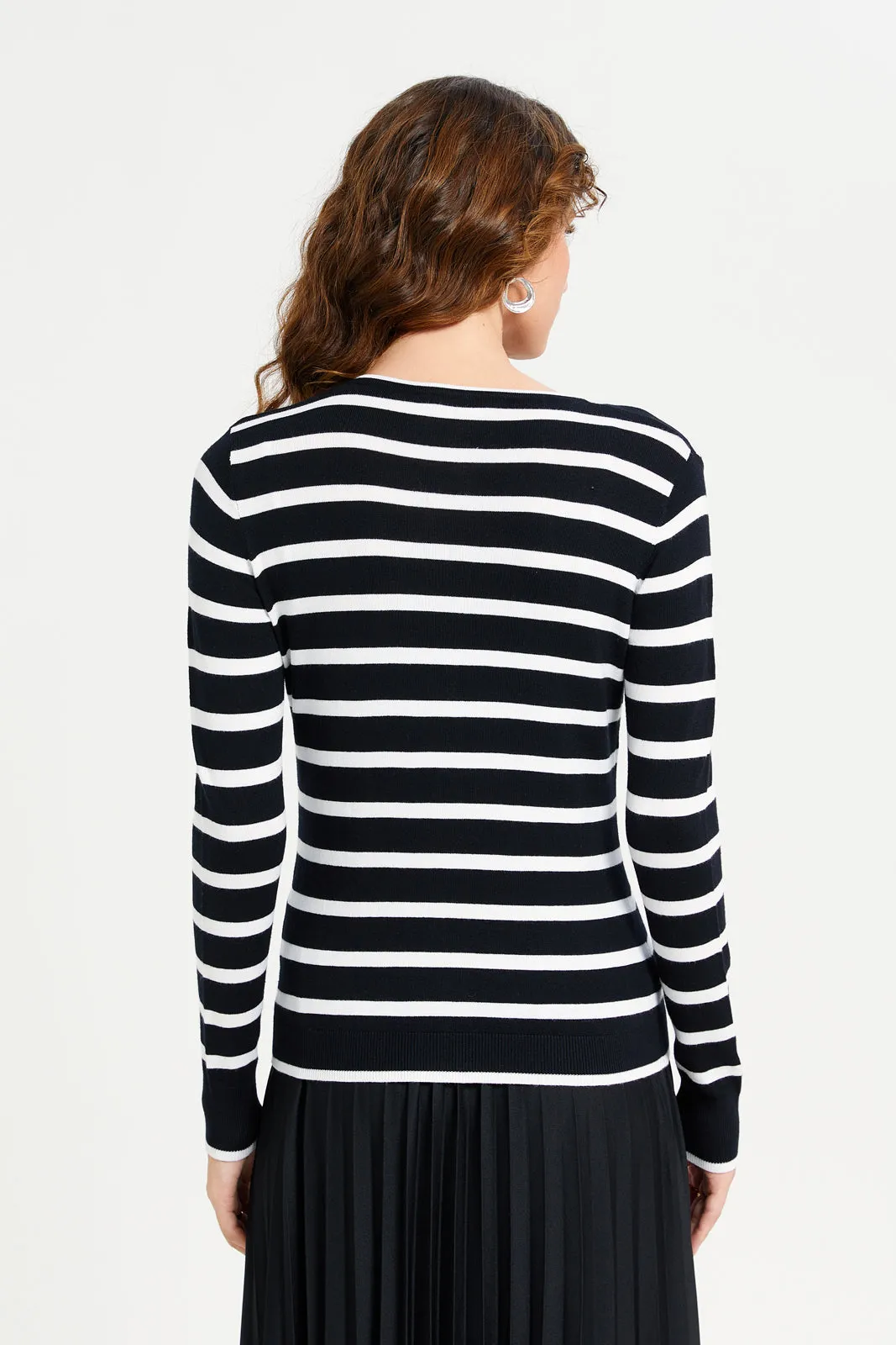 Women White And Black Striped Cardigan