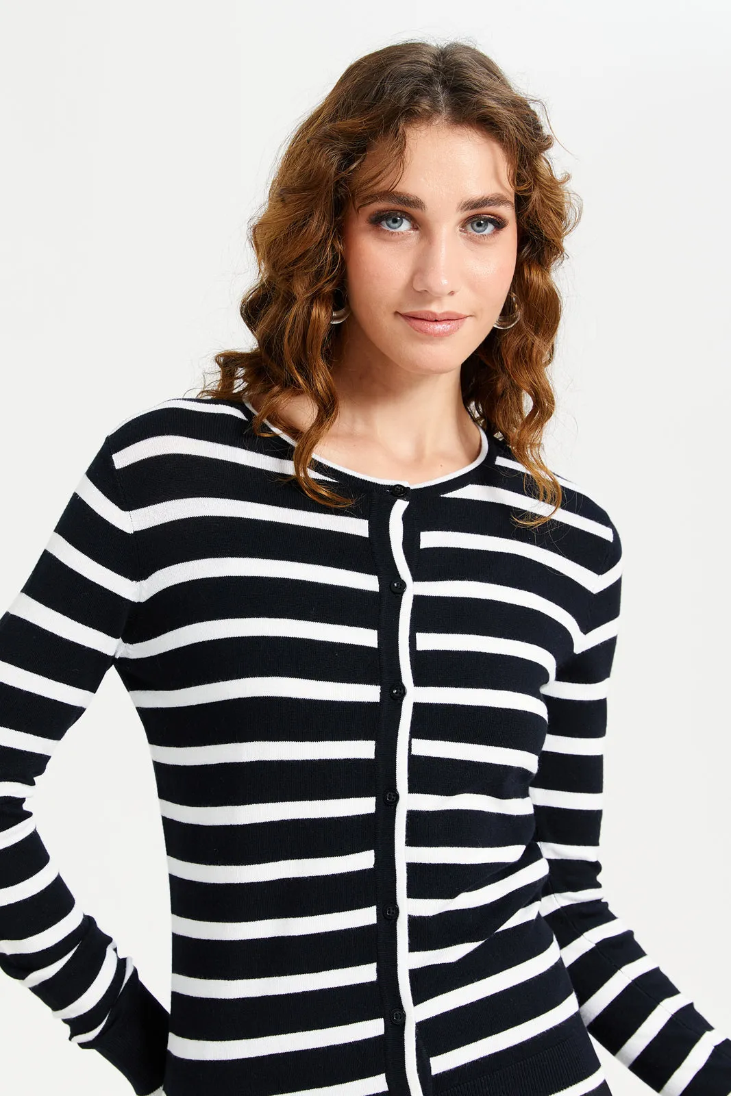 Women White And Black Striped Cardigan