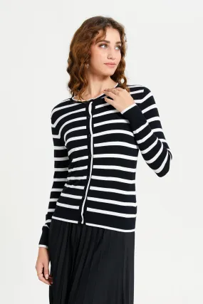 Women White And Black Striped Cardigan