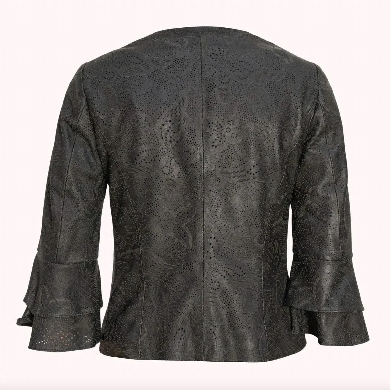 Womens Short Laser Cut Grey Leather Jacket