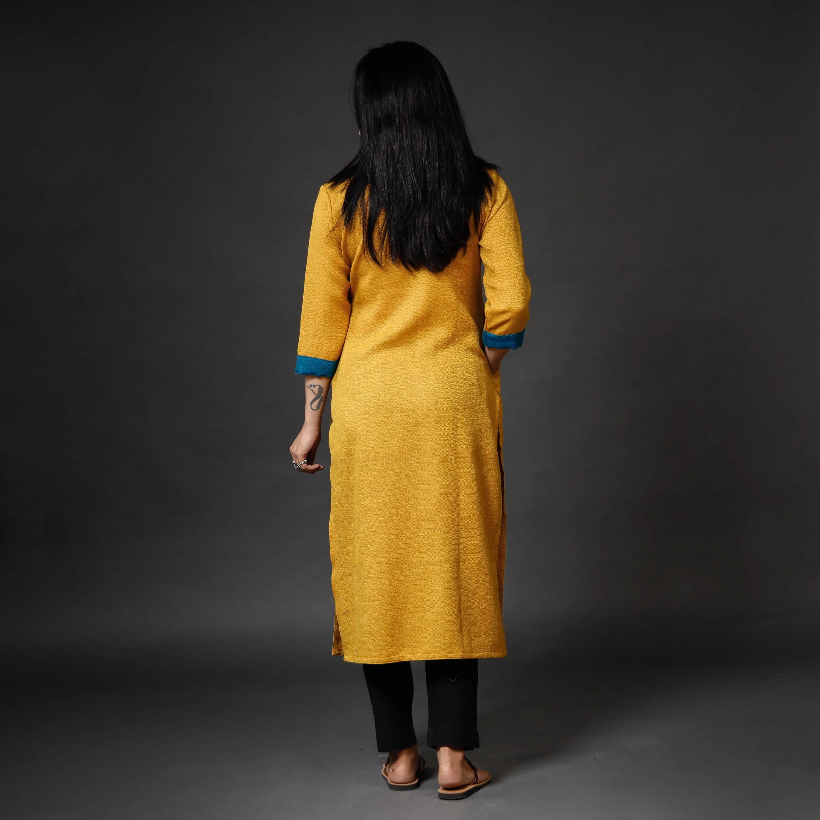 Yellow Kumaun Handwoven Merino Woolen Long Kurta