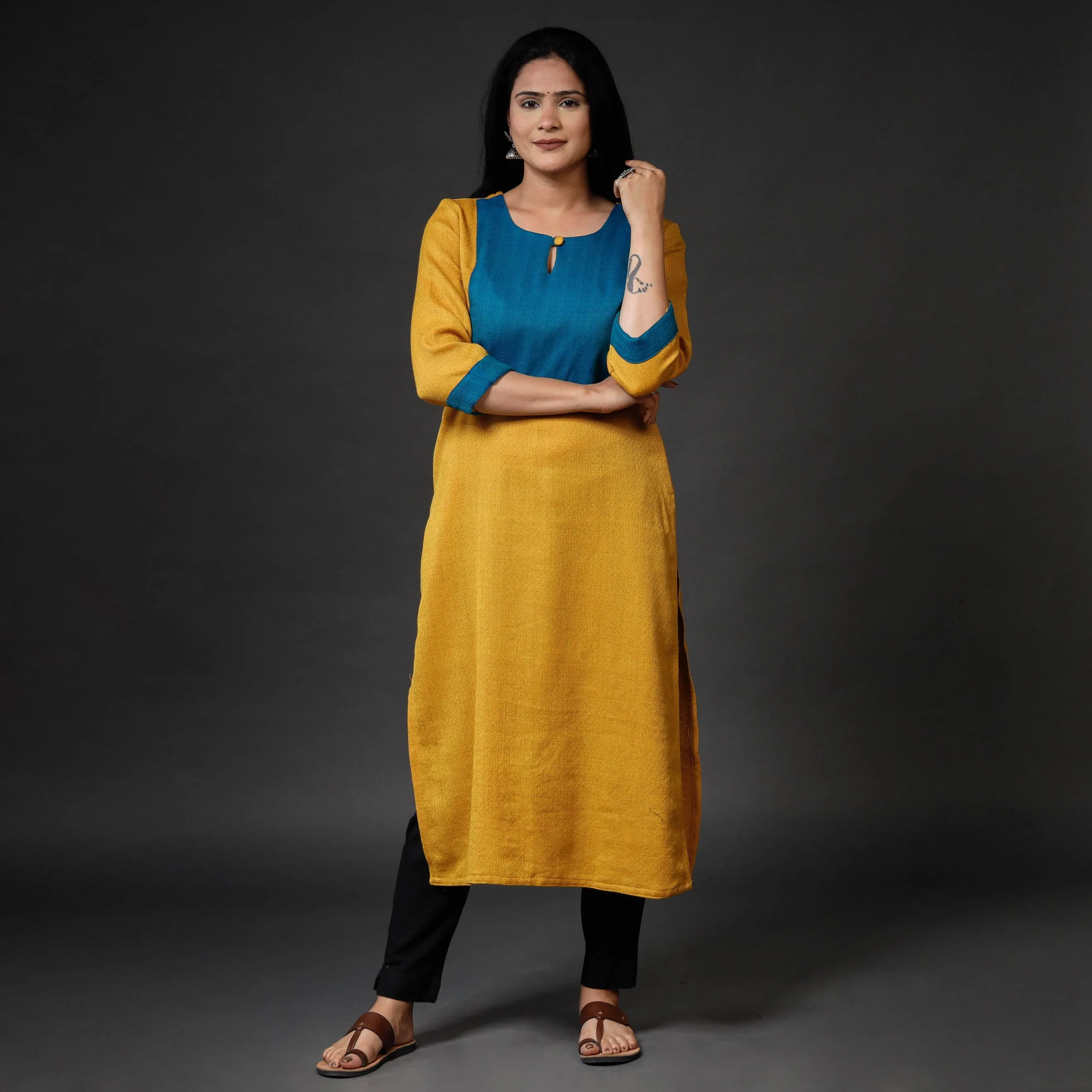 Yellow Kumaun Handwoven Merino Woolen Long Kurta