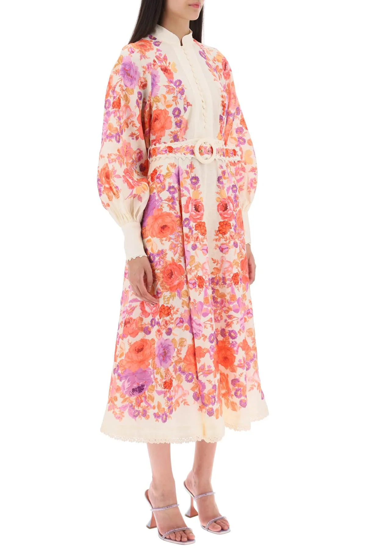 Zimmermann 'raie billow' midi dress in linen with floral motif